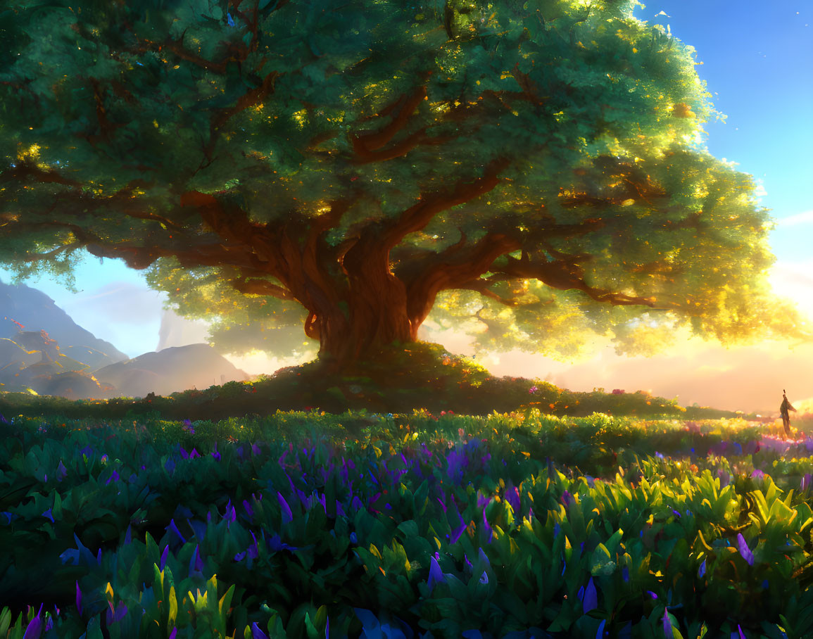 Majestic tree in golden sunlight with flowers, mountains, and figure