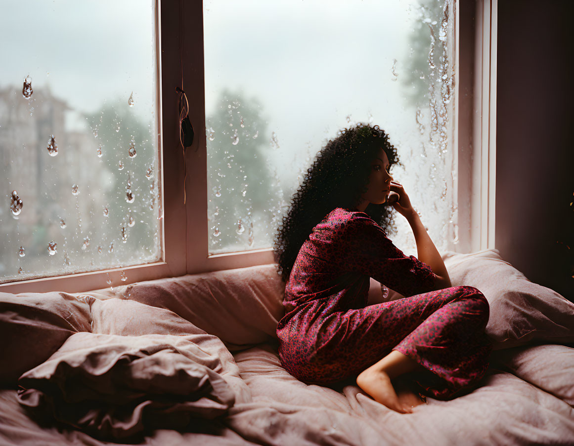 Pensive woman in red outfit by rain-streaked window.