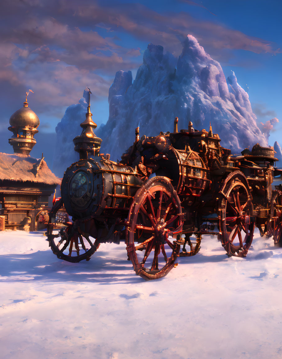 Steam-powered train on snow-covered landscape with ornate design