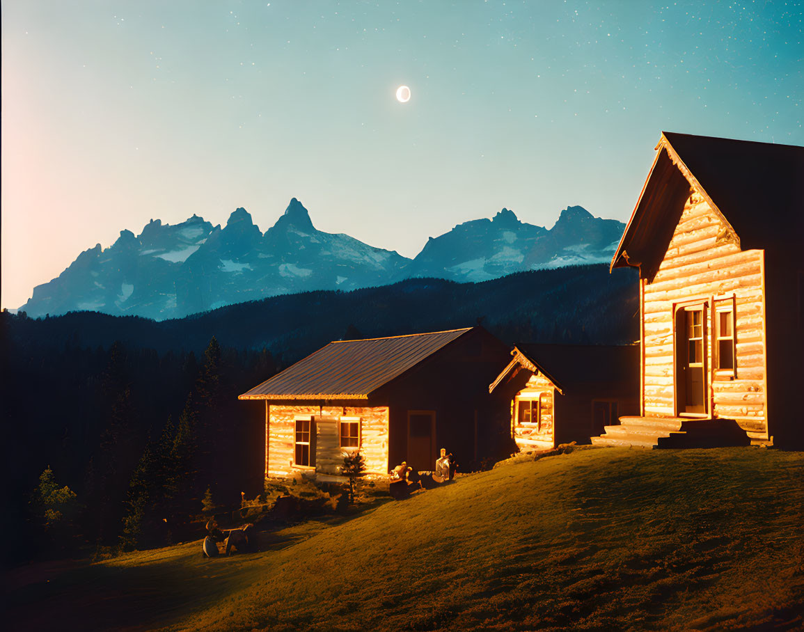 Tranquil night landscape with cozy cabin, mountains, and starlit sky