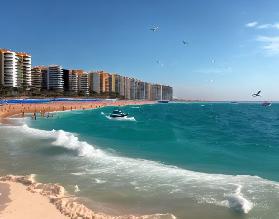 Sunny beach scene with high-rise buildings, boat, people, and birds