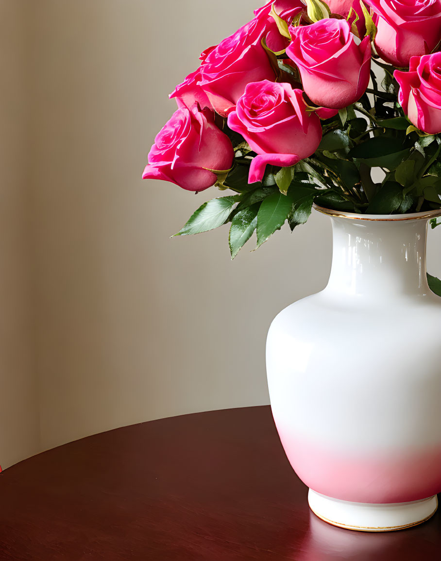 Pink roses bouquet in white vase on wooden surface.