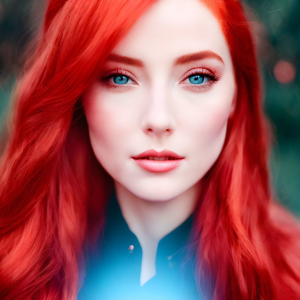 Vibrant red-haired woman with striking blue eyes on blurred green backdrop