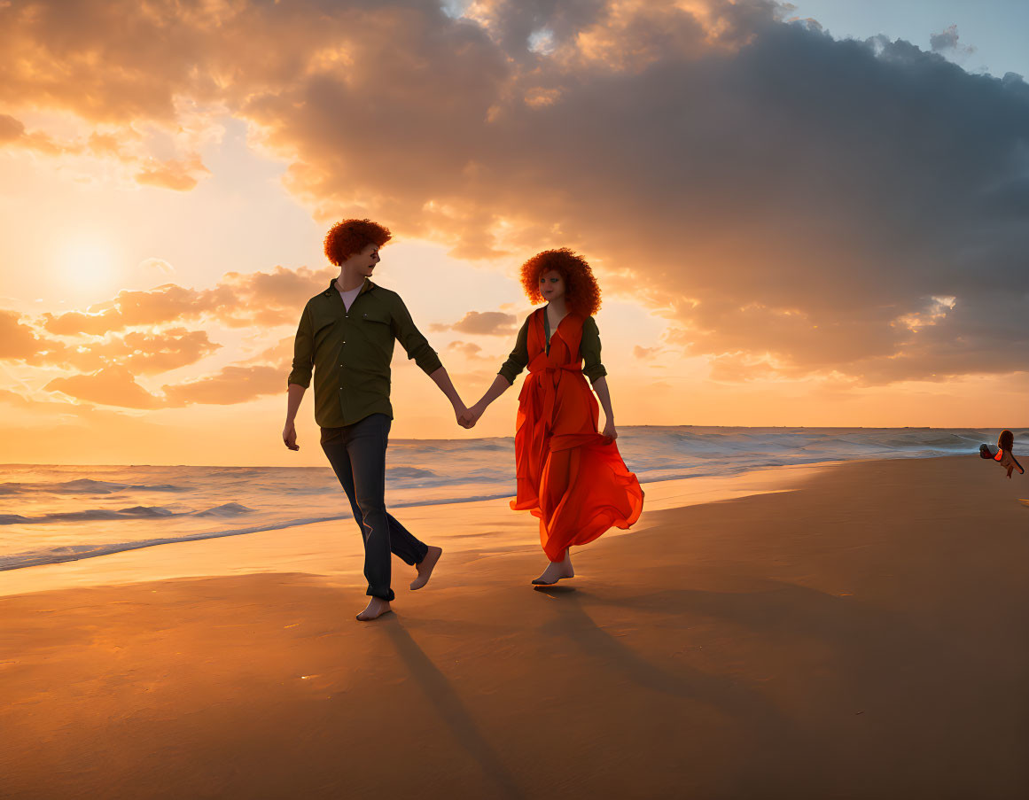 Red-haired couple walking on beach at sunset with cloudy sky.