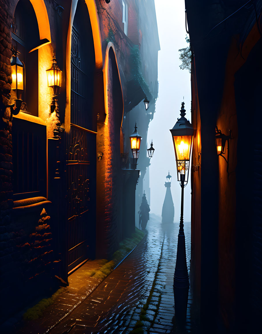 Cobblestone alley with glowing street lamps on foggy evening