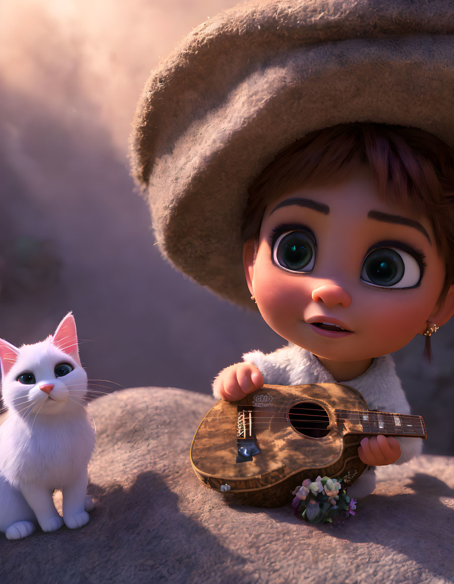 Animated girl in large hat with tiny guitar next to white cat in warm light