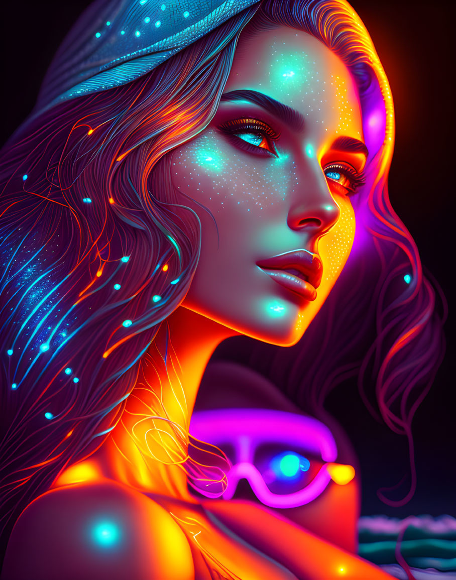Colorful artwork: Woman with neon skin, blue and orange hues, sparkling stars