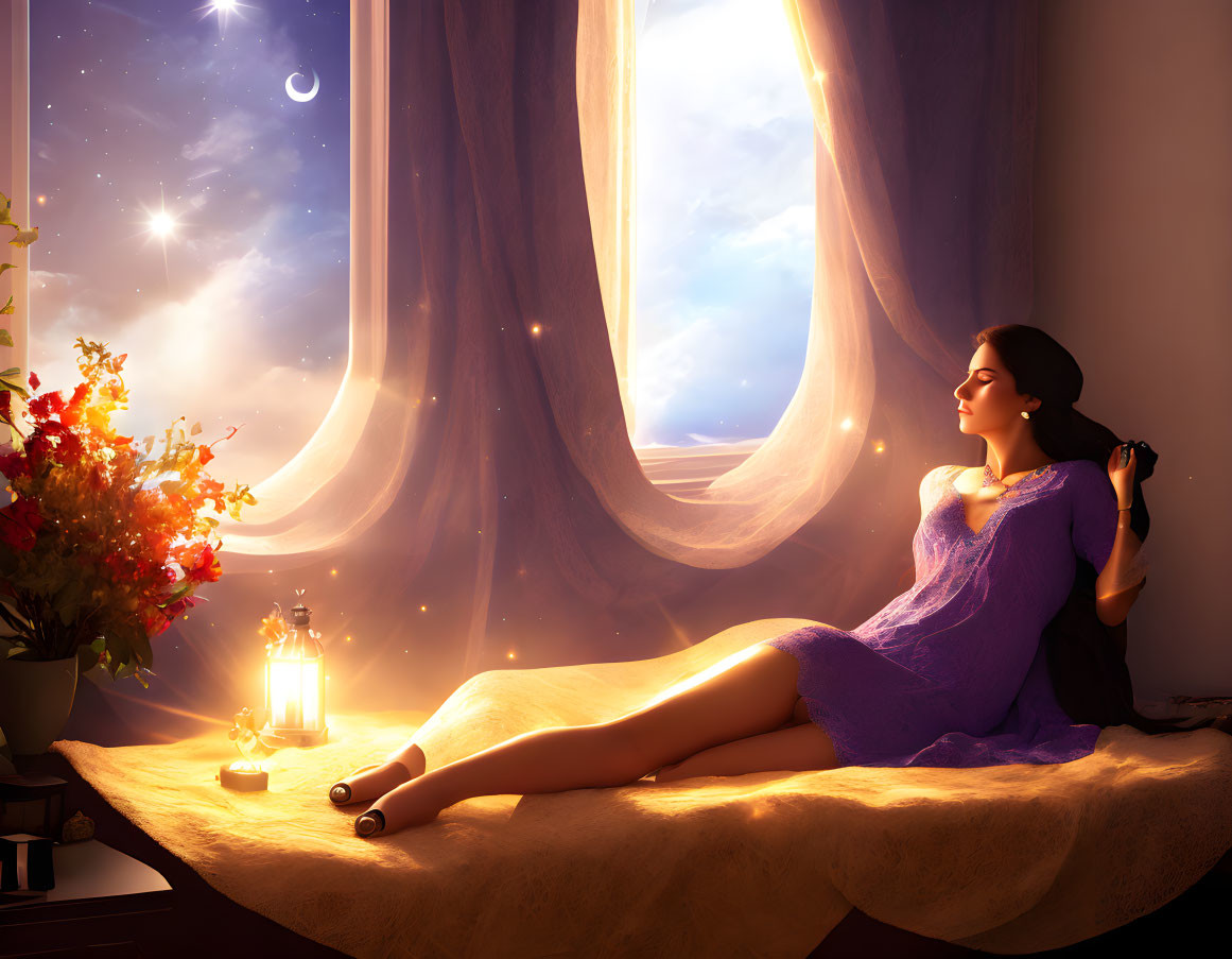 Woman in Purple Dress Contemplating Stars by Open Window at Night