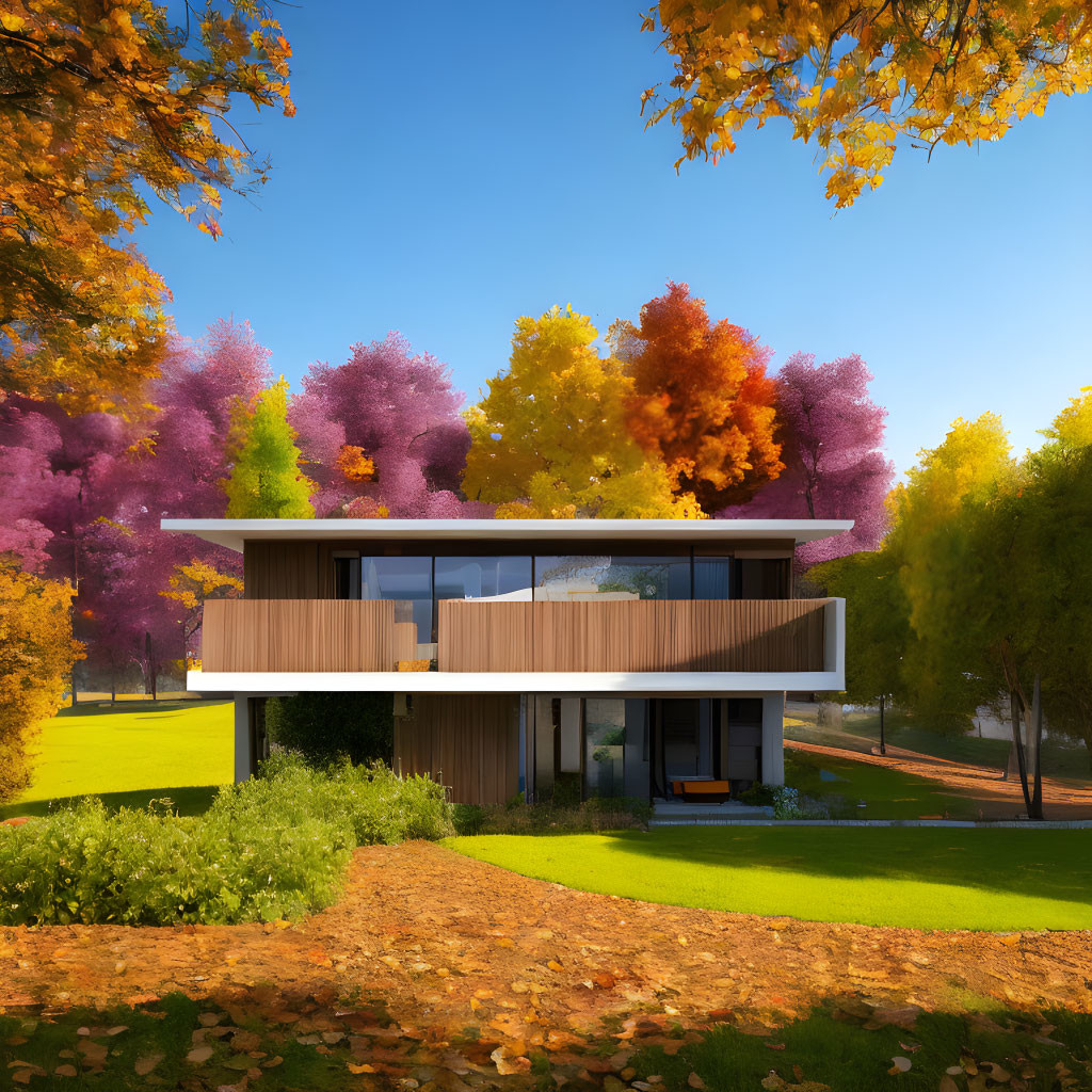 Modern two-story house with wooden paneling in colorful autumn setting