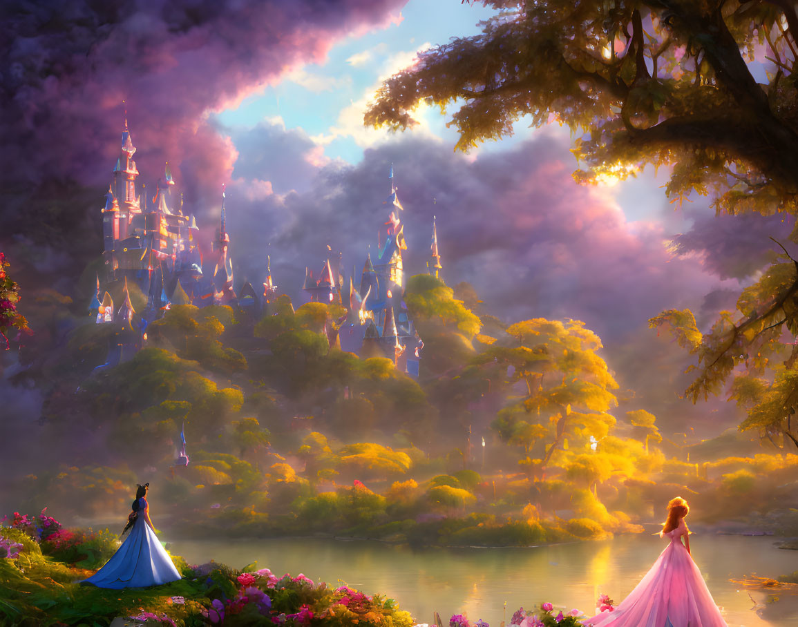 Fantastical landscape with women near river and glowing castle