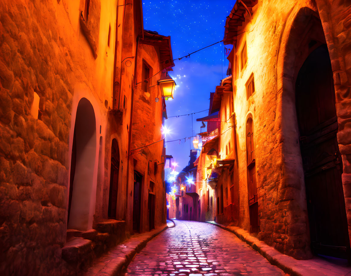 Twilight cobblestone alley with warm golden lights and ancient walls