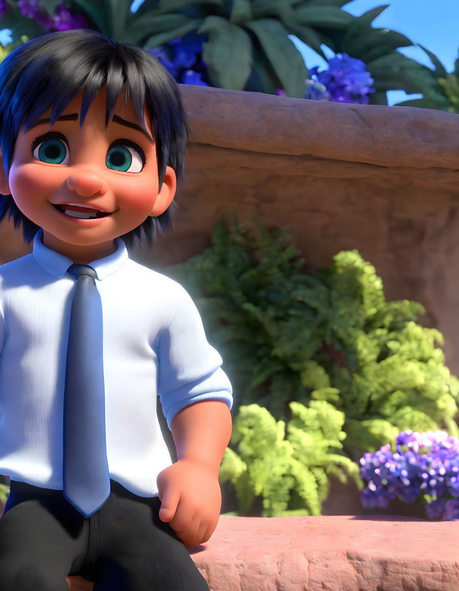 Black-Haired Animated Character in Blue Shirt and Tie Smiling Among Vibrant Flowers