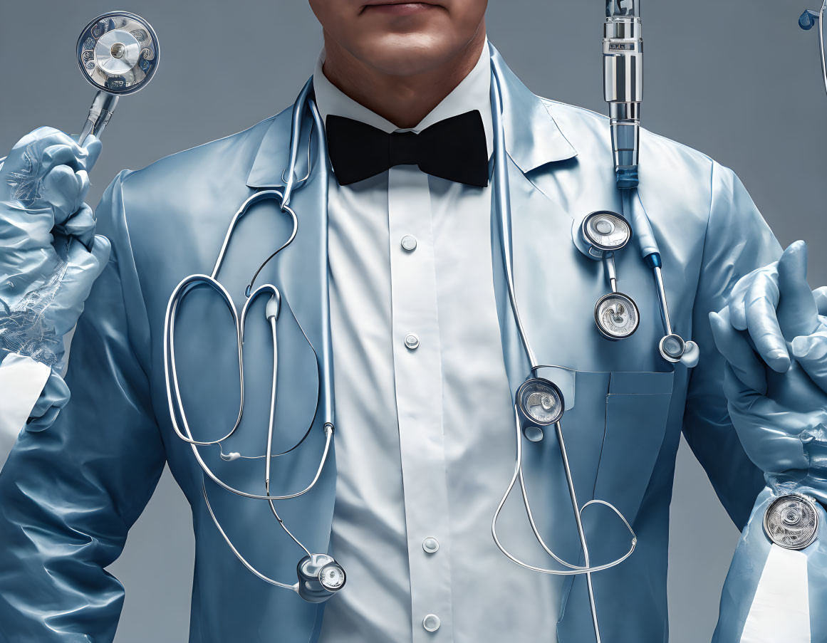 Man in tuxedo with bow tie holds medical instruments in multiple arms