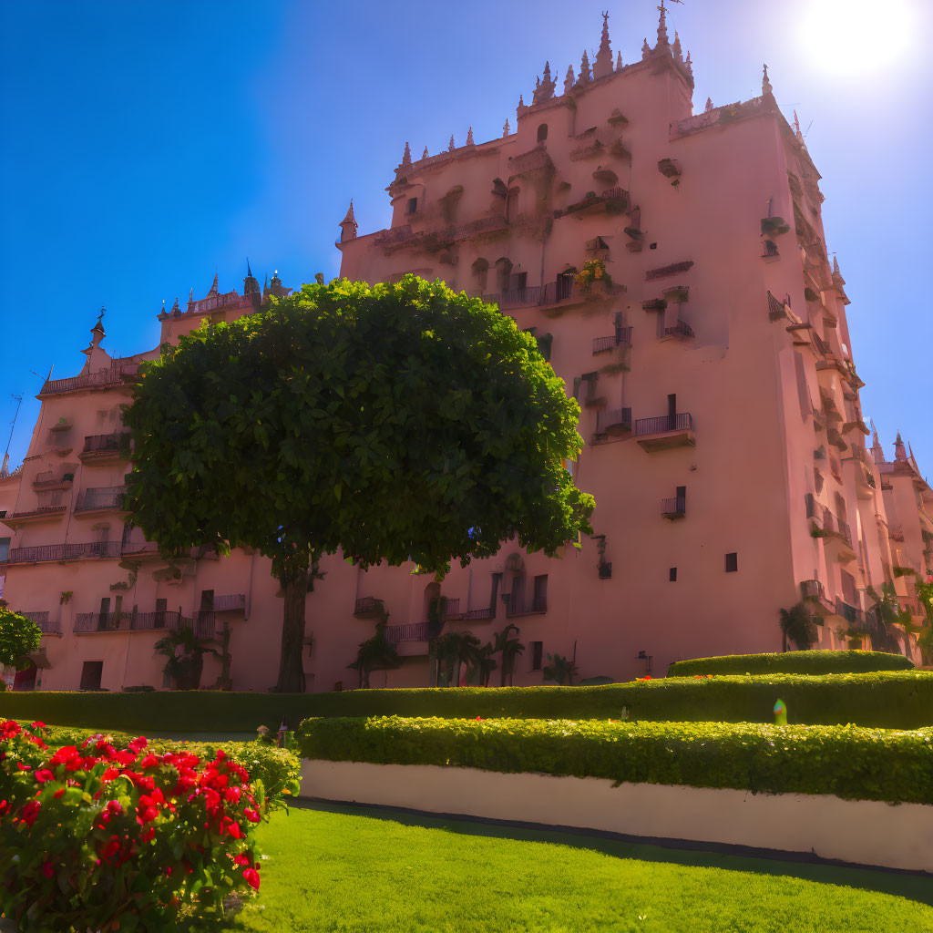 Pink historic building with ornate architecture in manicured green lawns.