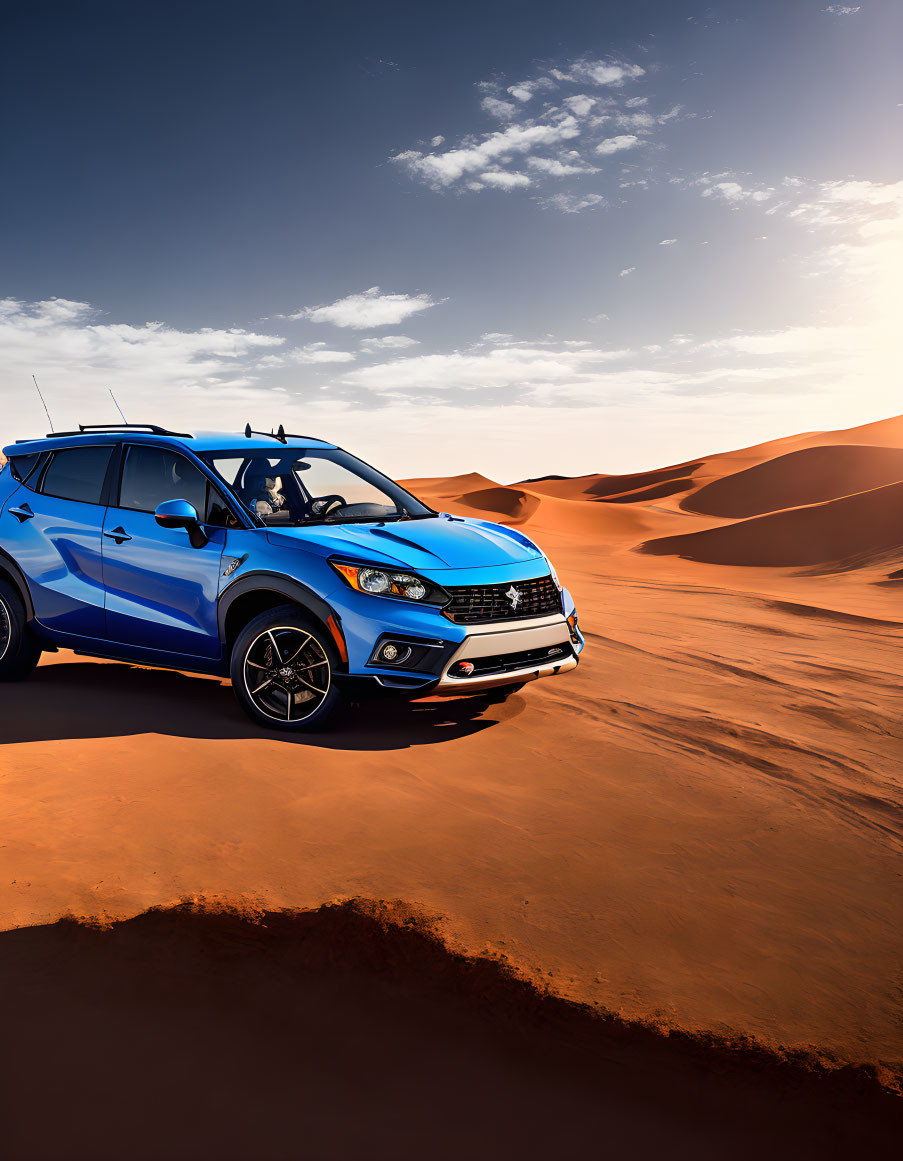 Blue SUV on Orange Desert Sand Dunes at Sunset