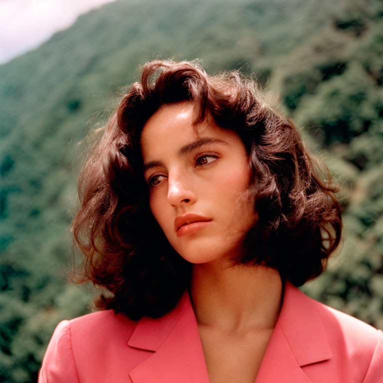 Woman with wavy hair in pink blazer against green hills