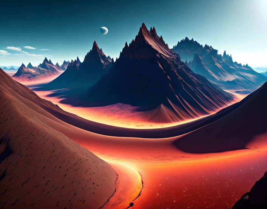 Surreal red landscape with spiky mountains and moon