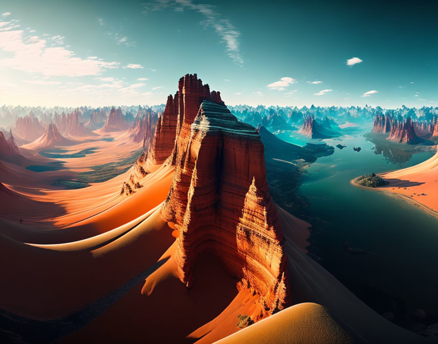 Vivid surreal desert landscape with red rock formations and blue sky