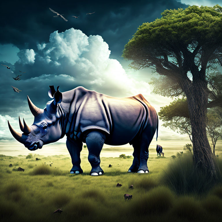 Surreal rhinoceros with starry night pattern in savannah landscape