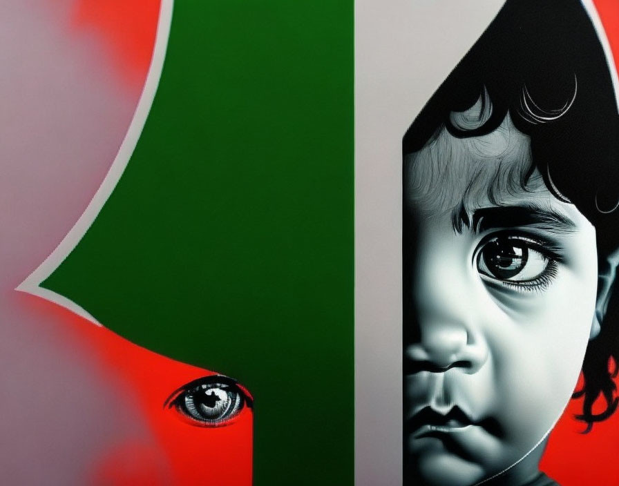 Monochrome child's half-face with striking eye on red and green abstract background