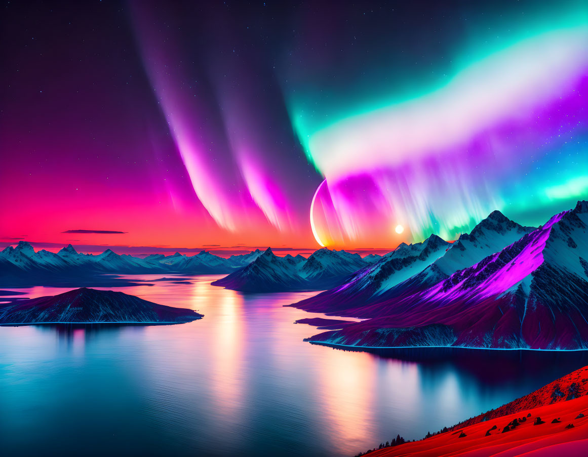 Colorful Aurora Borealis Over Snowy Mountains and Lake at Sunset