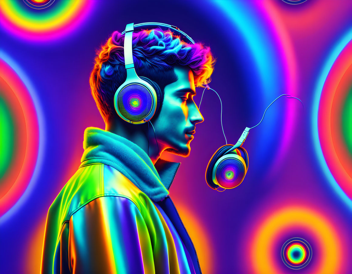 Colorful digital artwork: Person profile with headphones and psychedelic swirls