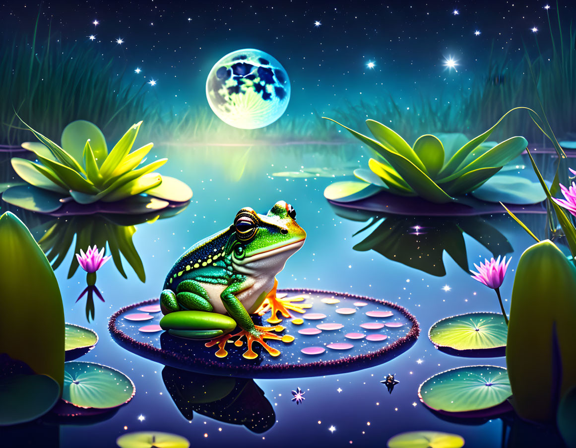 Vibrant digital artwork: Frog on lily pad under starry sky