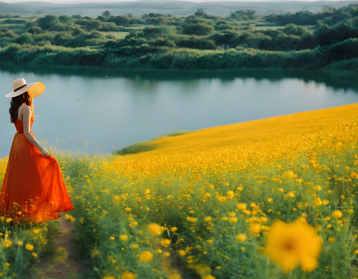 Woman in red dress and white hat by yellow flower field and lake.