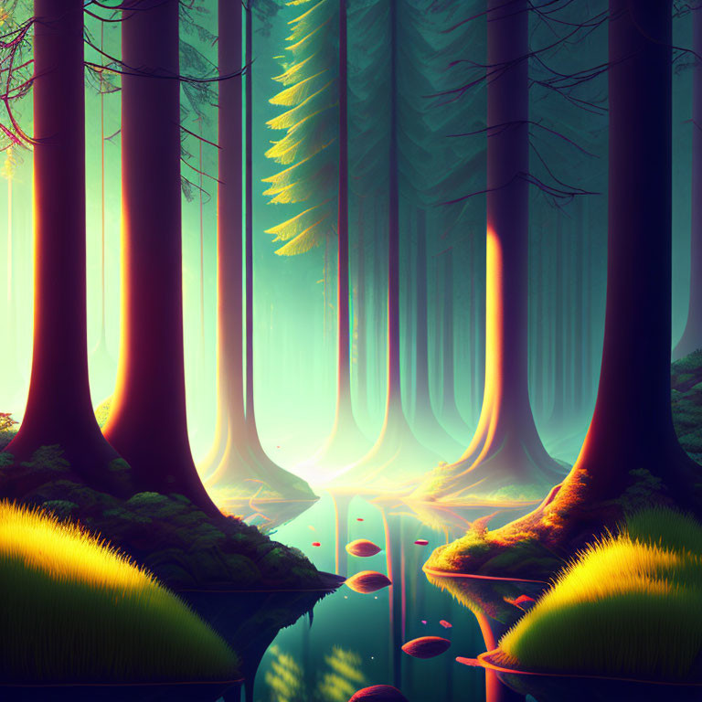 Enchanting forest scene with towering trees and tranquil stream