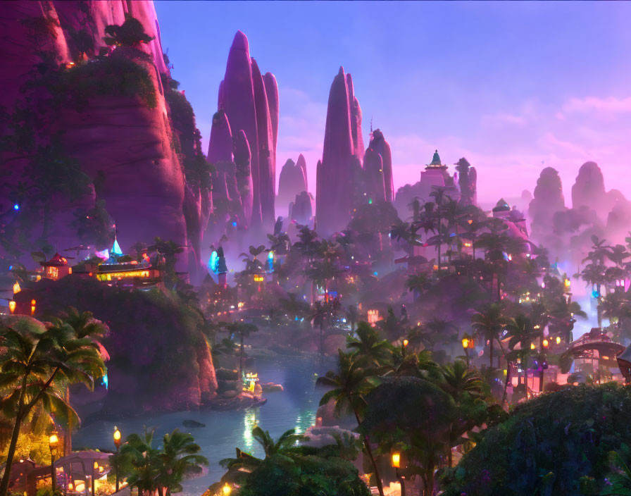 Fantasy landscape at twilight with rock formations, lush vegetation, illuminated buildings, and waterway.