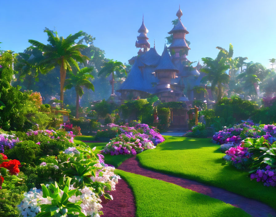 Colorful Flower Garden Path Leading to Fairy Tale Castle in Lush Setting