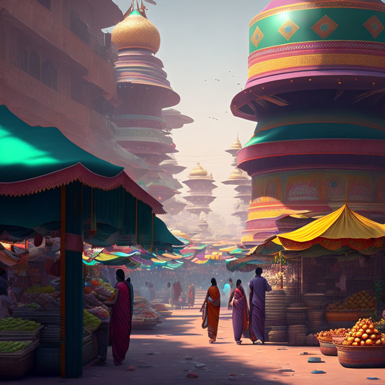 Vibrant traditional market scene with ornate buildings under hazy sky