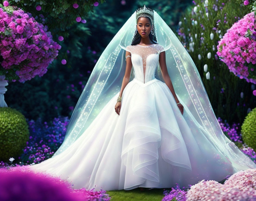 Bride in white wedding gown in lush garden with purple flowers