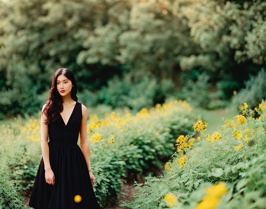 Woman in Black Dress Surrounded by Yellow Wildflowers