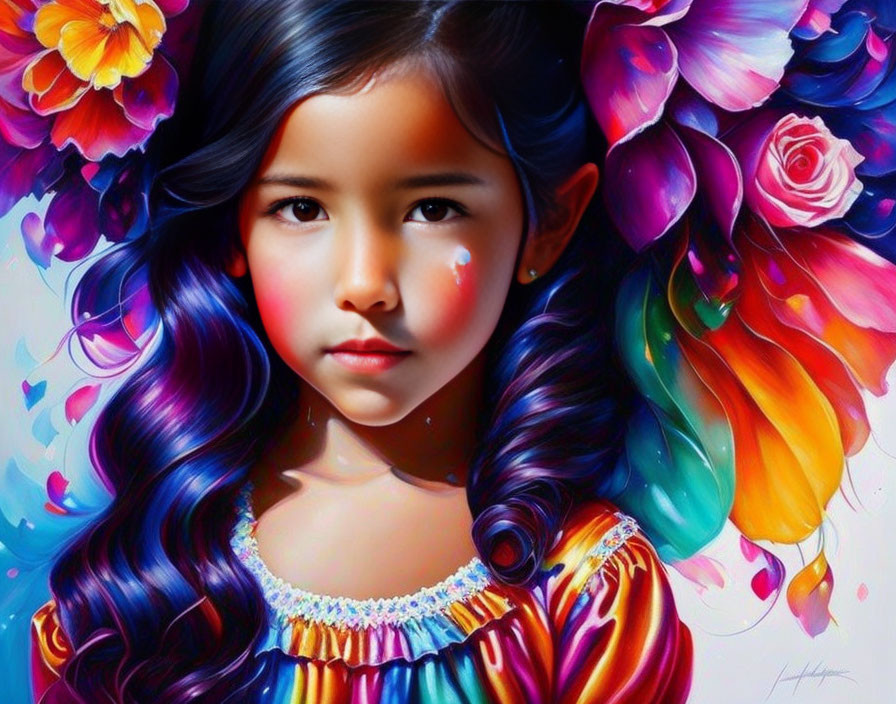 Vibrant digital painting of young girl with luminous hair and abstract floral patterns