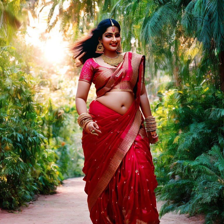 Traditional Indian attire woman in red saree with gold jewelry and henna tattoos in sunlit garden