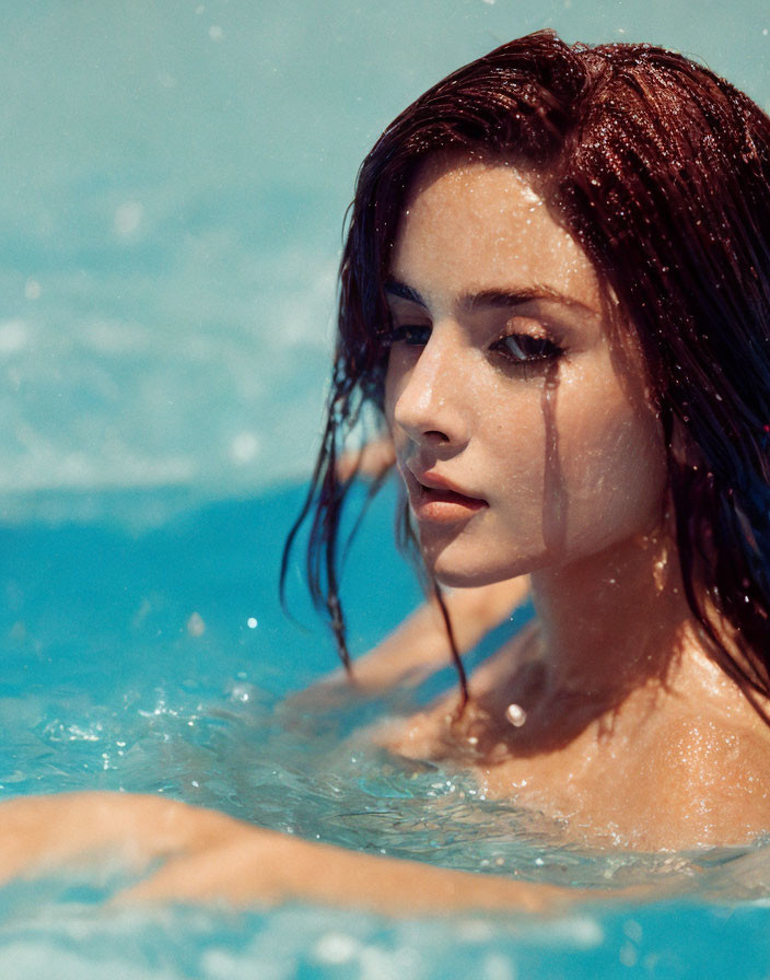 Person with Wet Hair Emerging from Clear Blue Water