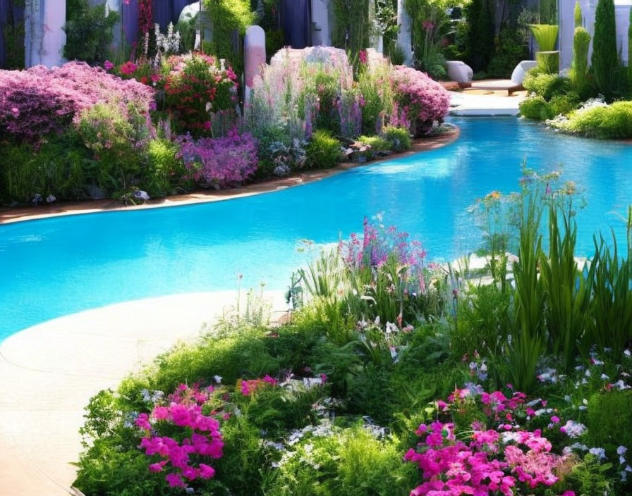 Tranquil garden with turquoise pool, pink and purple flowers, lush greenery