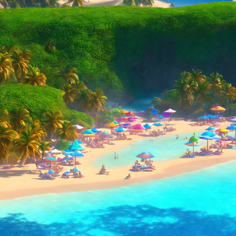 Colorful Tropical Beach Scene with Umbrellas, Sunbathers, and Palm Trees