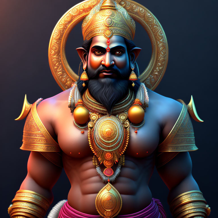 Muscular bearded male figure in traditional Indian attire with golden crown on dark background