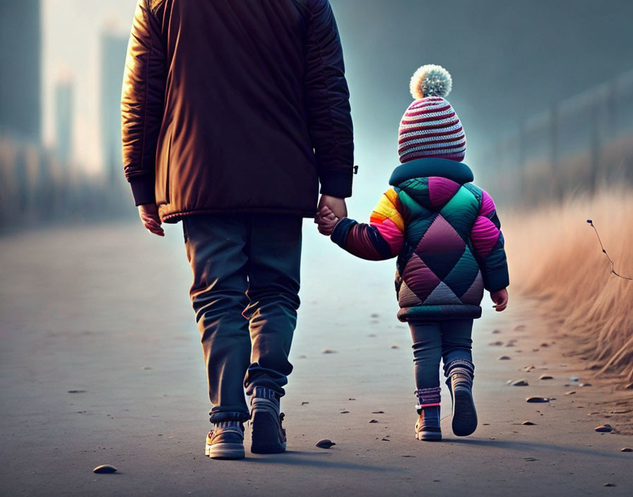 Adult and child in winter attire walking on path with city backdrop.