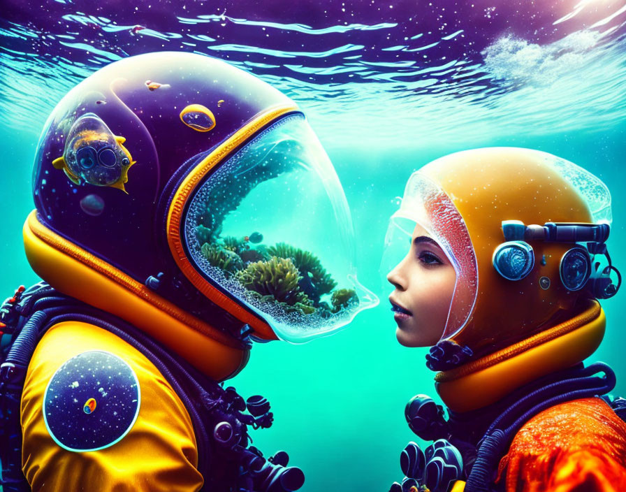 Underwater scene: Divers in colorful spacesuits surrounded by marine life