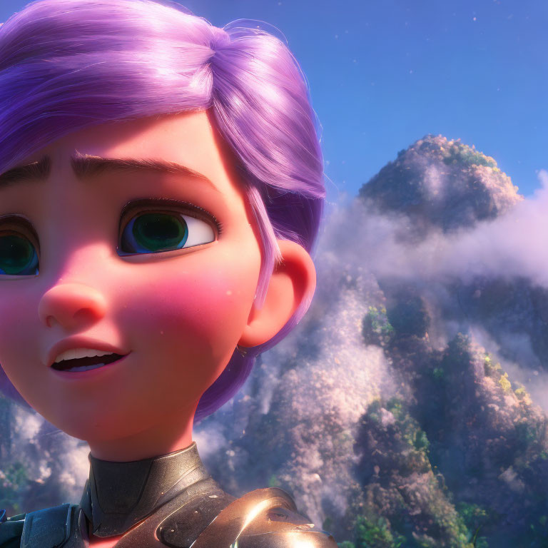 3D-animated girl with purple hair and armor against sunny sky