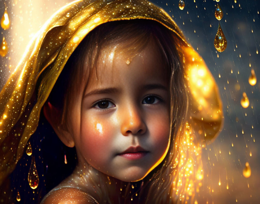 Young Girl in Golden Shawl Surrounded by Shimmering Droplets