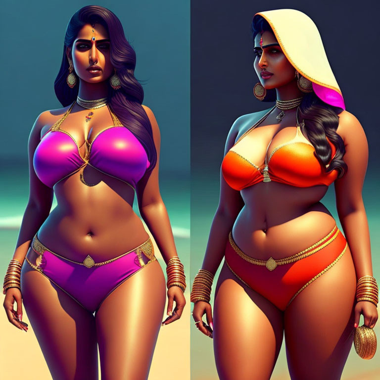 Colorful Bikini-Clad Female Characters on Beach 