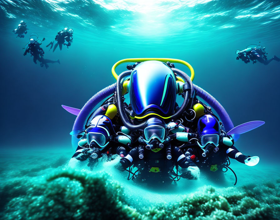 Futuristic divers with advanced scuba gear in luminous underwater scene