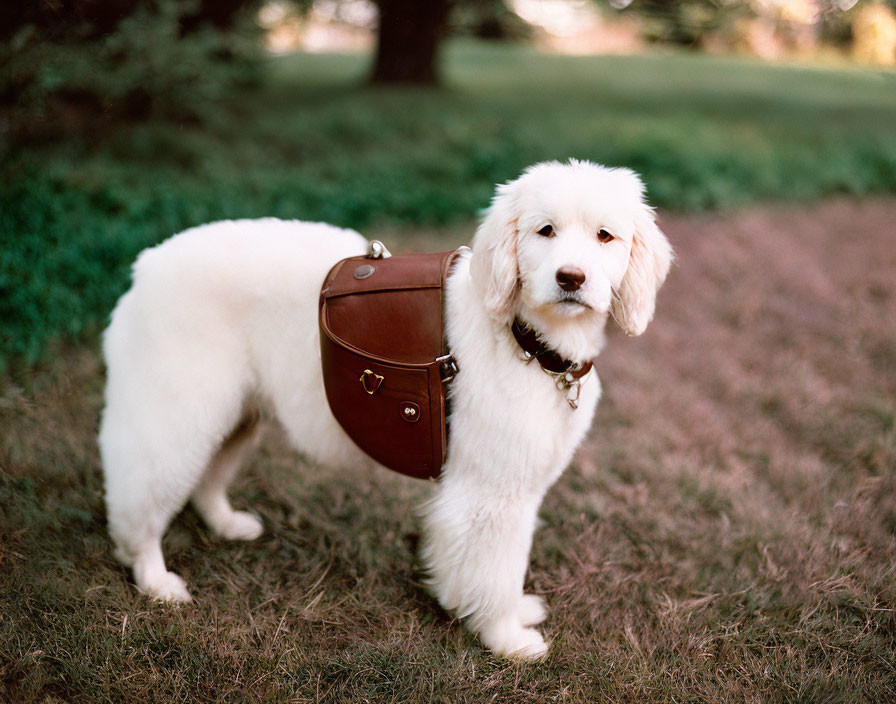 Fluffy white dog with satchel on grass with trees