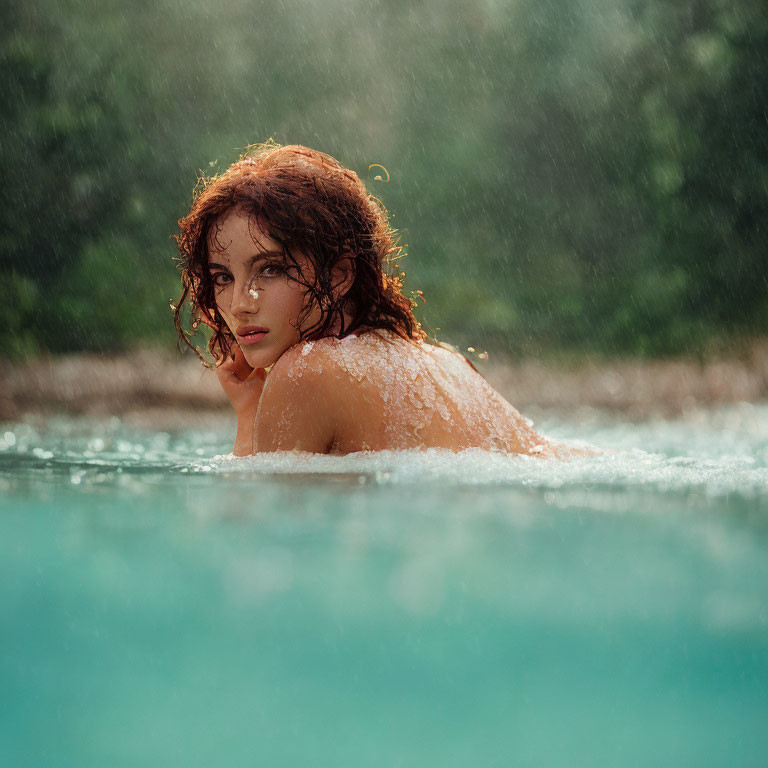 Woman in water with wet curly hair and captivating gaze under rain