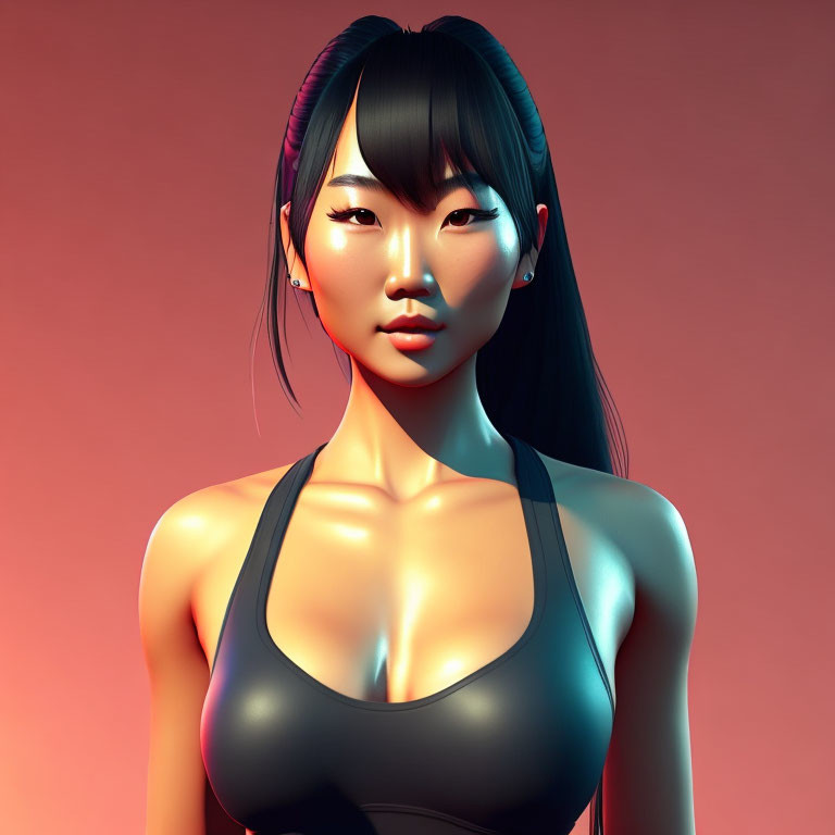 Dark-haired female figure in black tank top against warm background