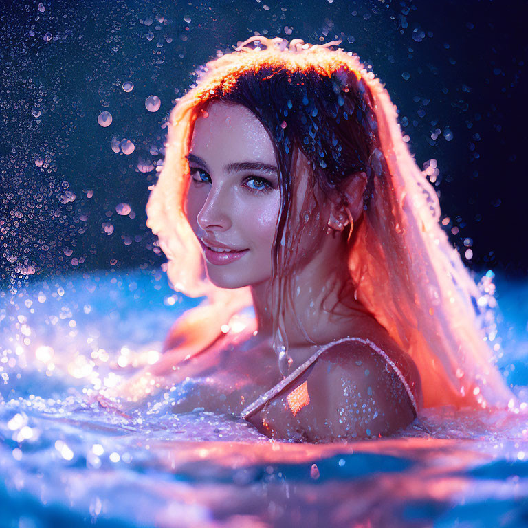 Woman Bathing in Water with Motion Droplets and Magical Lighting